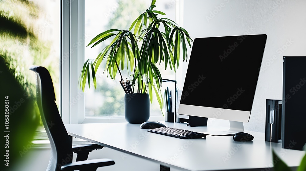 Poster modern minimalist workplace with sleek computer and indoor plants in bright office : generative ai