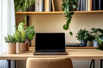 Fototapeta premium Minimalist Home Office Decor with Laptop and Green Indoor Plants on Wooden Desk Under Soft Natural Light : Generative AI