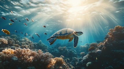 Fototapeta premium A majestic sea turtle gliding through a vibrant coral reef with sunlight filtering through the water.