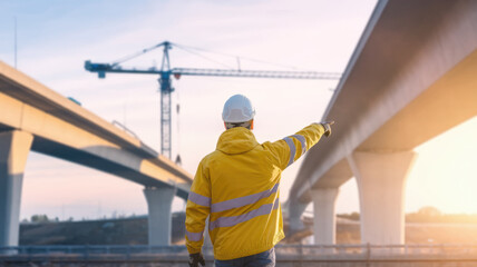 Fototapeta premium A construction worker in a yellow jacket points to a bridge. Concept of progress and development, as the construction worker is directing the construction of the bridge