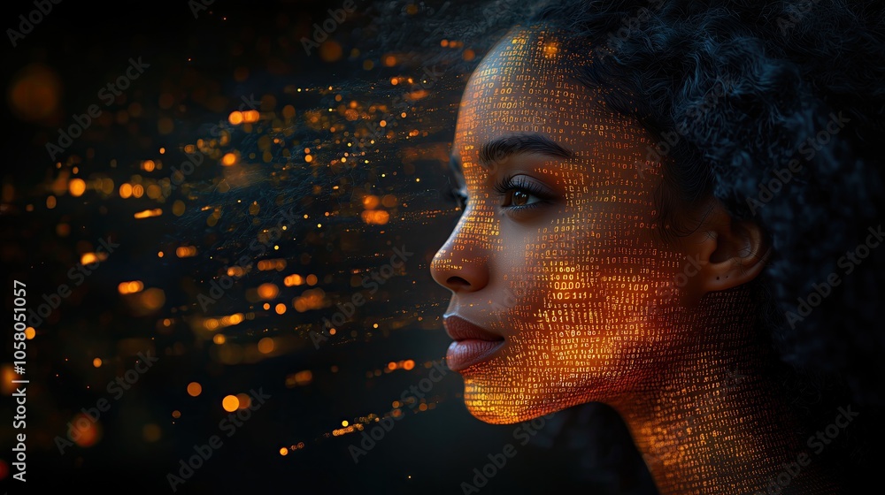 Poster digital woman profile illuminated with glowing orange binary code and sparkling lights on dark backg