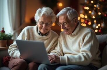 Happy senior couple using laptop next to christmas tree at home