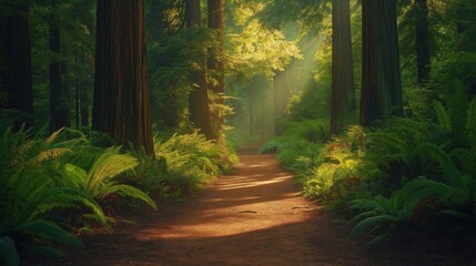 Fototapeta premium A tranquil pathway through a lush green forest with sunlight filtering through the trees.