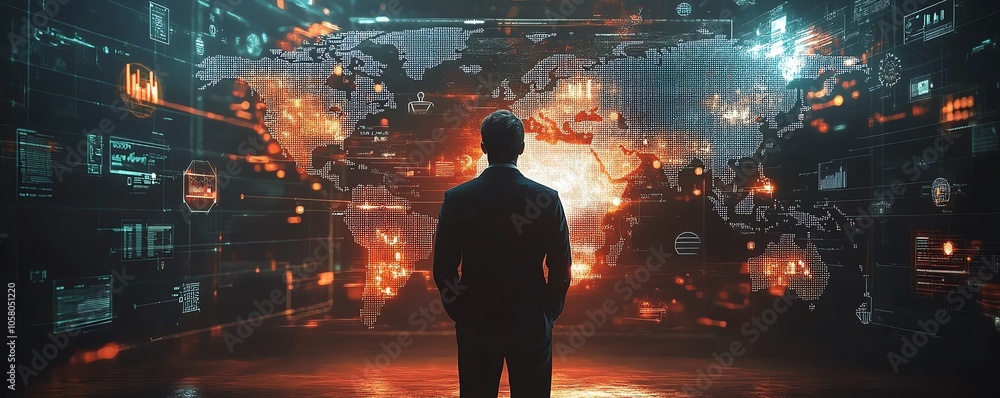 Poster creative depiction of a businessman presenting a social network connection with a world map and vari