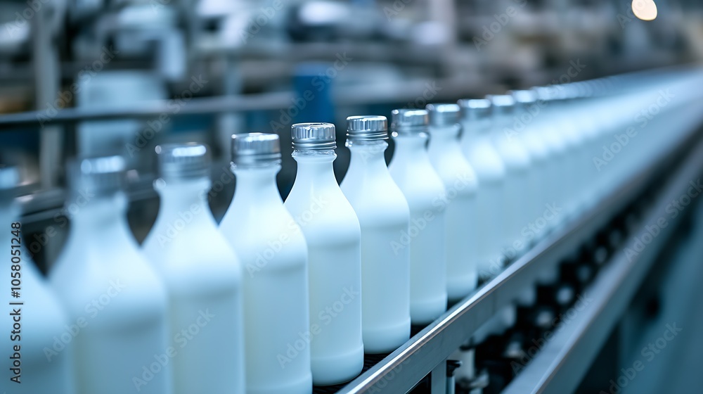 Poster Dairy Bottles on Automated Production Line in Modern Factory : Generative AI