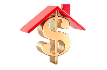 Dollar sign under House Roof, 3D rendering isolated on transparent background
