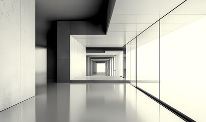 Obraz premium Modern Minimalist Corridor: A sleek and contemporary hallway with a concrete and glass design, perfect for architectural visualization, interior design, and modern living concepts. 