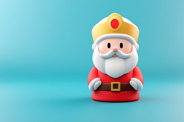 Obraz premium Cartoon Santa with a golden crown in bright attire posing against a light blue backdrop blending holiday joy with a playful royal twist in a whimsical setting