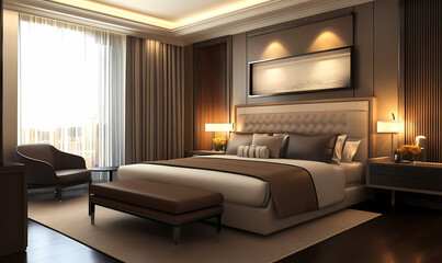 Luxury Bedroom Interior Design:  A luxurious bedroom with a king size bed, plush bedding, a plush armchair, and a large window with natural light streaming in.