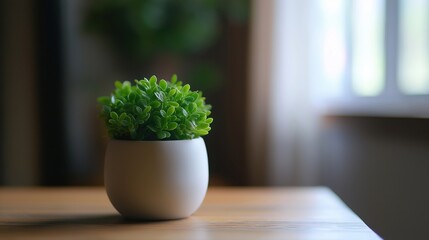 A small green plant in a white ceramic pot on a wooden table with soft natural light.