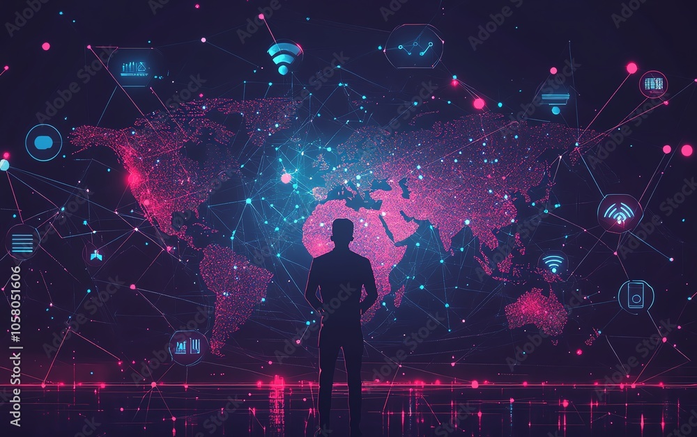 Poster dynamic illustration of a businessman displaying a global network map with social media icons, desig