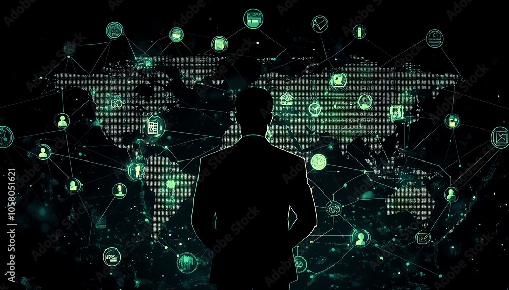 Poster dynamic illustration of a businessman showcasing a world map with social network connection icons, d