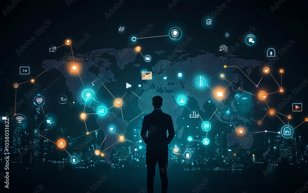 Poster dynamic illustration of a businessman presenting a global network map with social media connection i