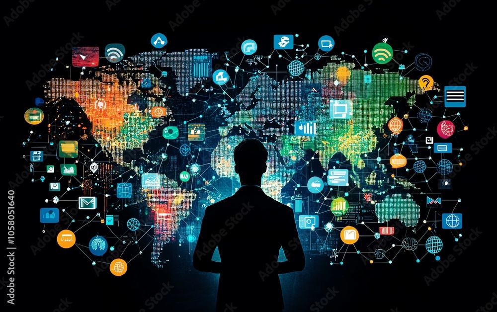 Poster dynamic illustration of a businessman displaying a global network map with social media icons, desig