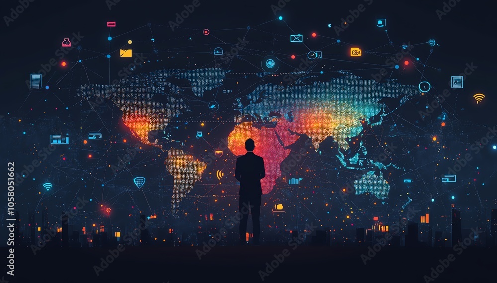 Poster dynamic illustration of a businessman showcasing a world map with social network connection icons, d