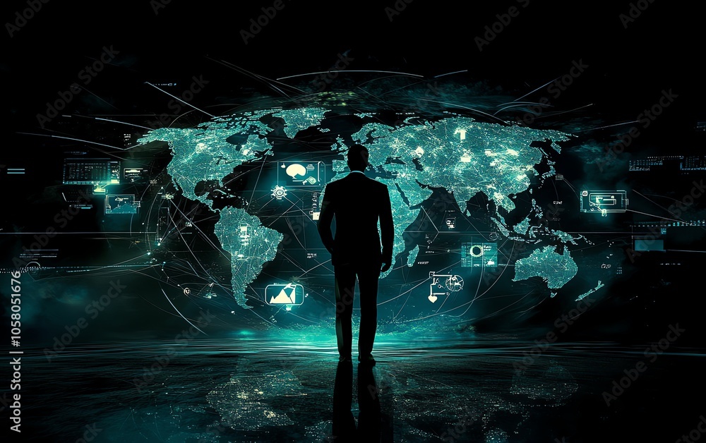 Poster dynamic illustration of a businessman displaying a global network map with social media icons, desig