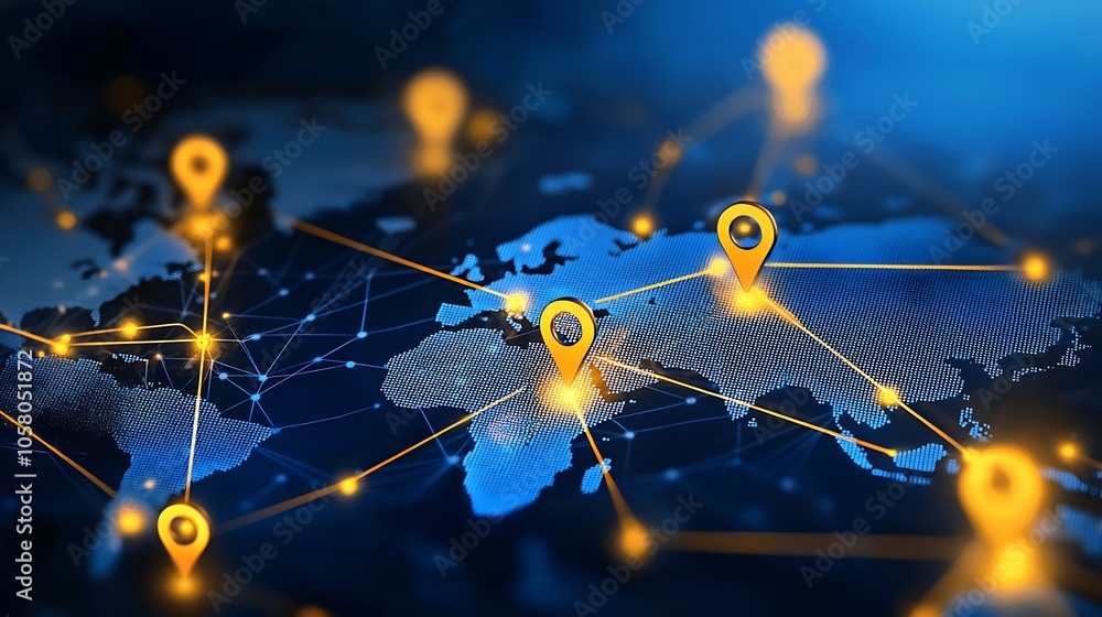 Poster World Map Highlighting Global Connections with Yellow Pinpoints : Generative AI