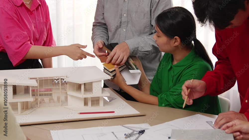 Poster slow motion home designer using architectural equipment draw a blueprint while interior designer sel