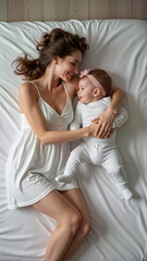 A joyful mother cuddles her baby on a soft bed, sharing a moment of love and connection. This image is perfect for parenting articles, family blogs, and baby product promotions