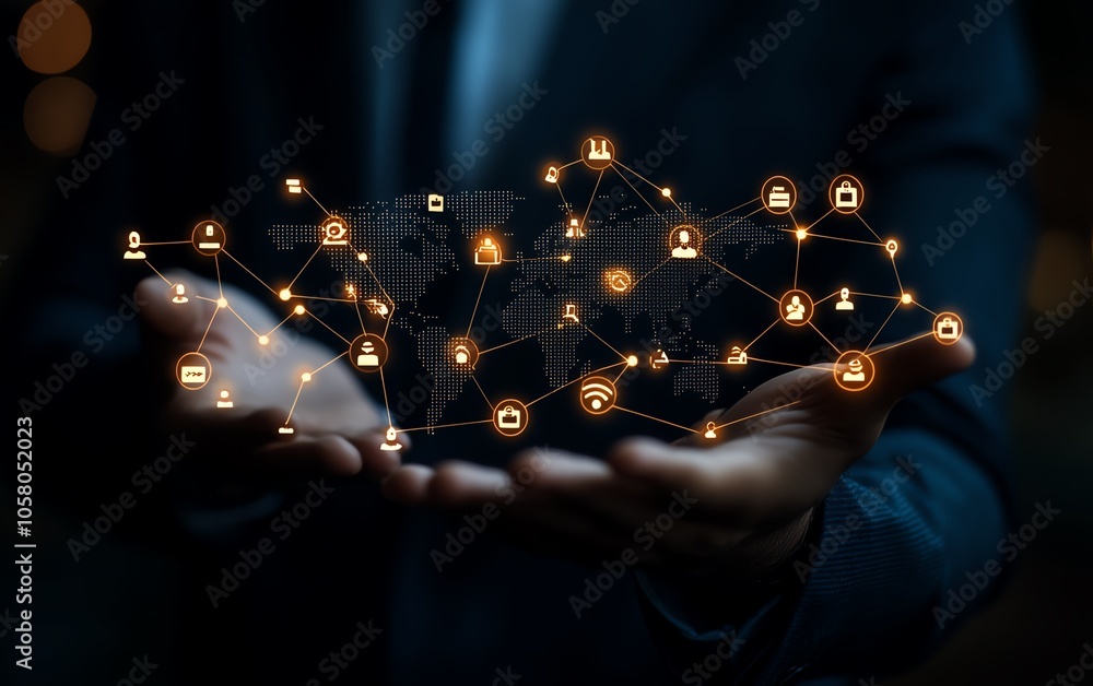 Poster engaging image of a businessman holding a world map with social network connection icons, designed o