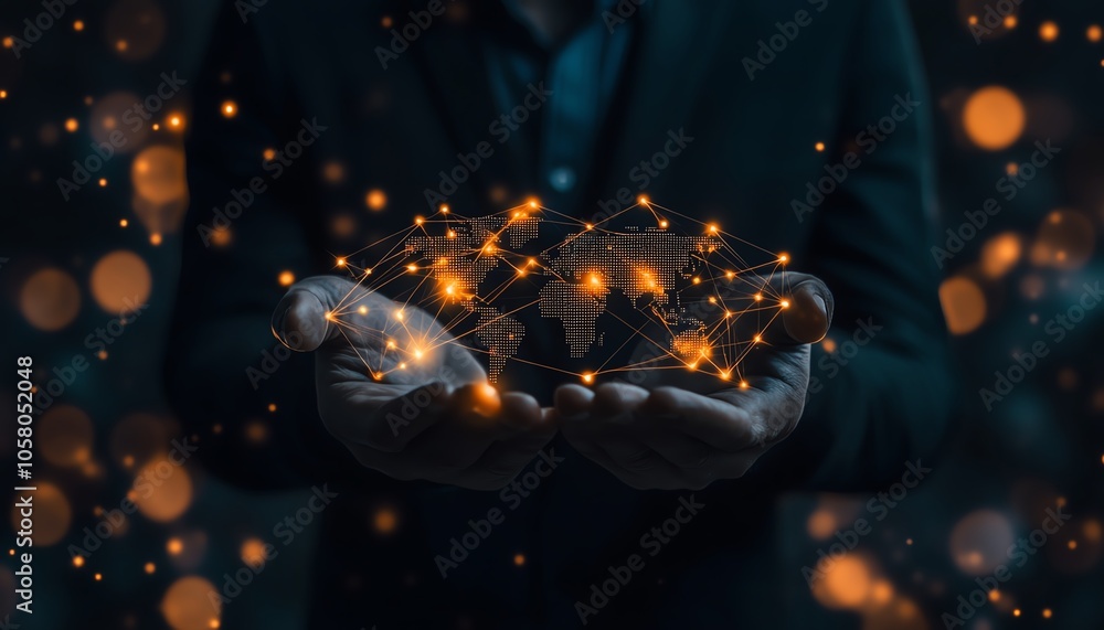 Poster engaging image of a businessman holding a world map with social network connection icons, designed o