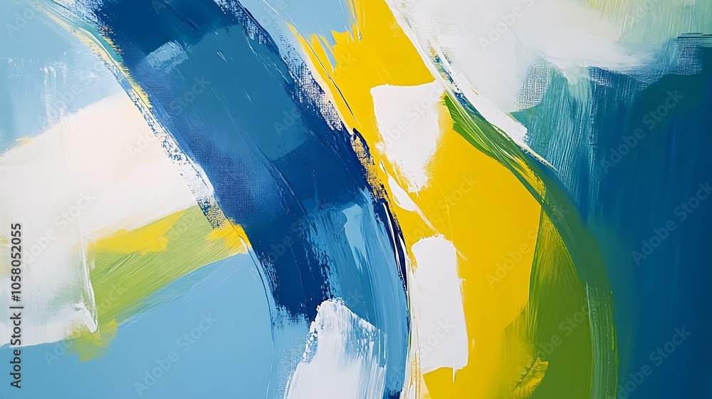 Poster abstract expressionist painting with blue yellow green brush strokes on canvas : generative ai