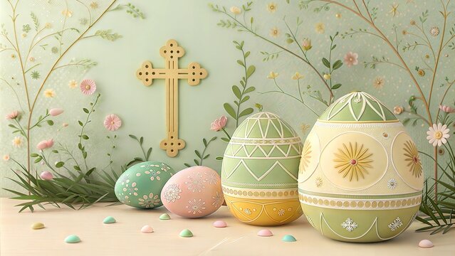 Decorative Easter eggs with a golden cross and floral elements in a pastel setting for festive celebrations.

