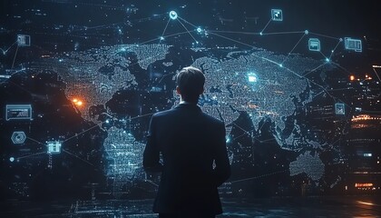 Futuristic portrayal of a businessman presenting a world map filled with social media connection icons, against a sleek dark blue background for a digital business concept