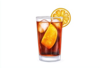 A refreshing glass of iced tea with lemon slice and ice cubes on a white isolated background.