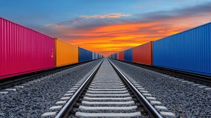 Fototapeta premium Vibrant shipping containers on railway at sunset: a captivating industrial scene