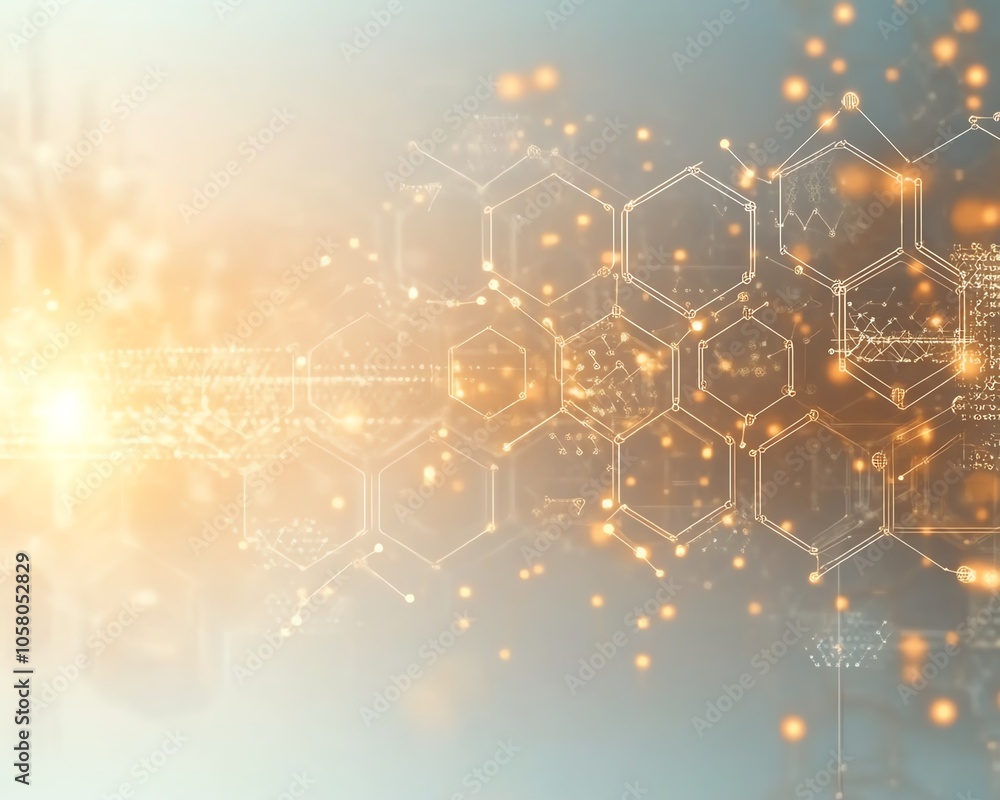 Poster innovative abstract design with hexagonal shapes and connecting dots, symbolizing technological and 