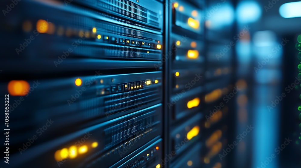 Aufkleber rows of server racks in data center with blue and yellow led lights : generative ai