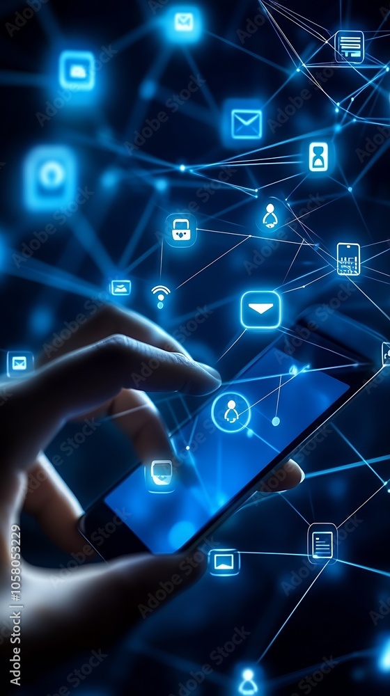 Aufkleber Hand Interacting with Digital Network on Mobile Screen for Tech Innovation : Generative AI