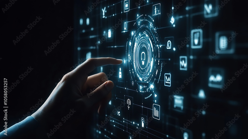 Aufkleber Hand Interacting with Virtual Network Display High-Tech Data Visualization and Digital Security : Generative AI