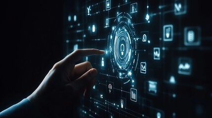 Hand Interacting with Virtual Network Display High-Tech Data Visualization and Digital Security : Generative AI