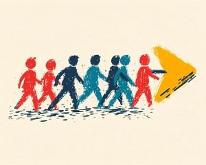 Lighthearted cartoonstyle illustration of a group of people forming an arrow, featuring simple lines and a minimalist aesthetic on white
