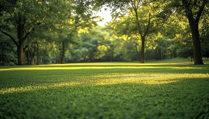 Lush green park scene with beautifully blurred trees and foliage on a sunny day, showcasing soft bokeh and panoramic space for text