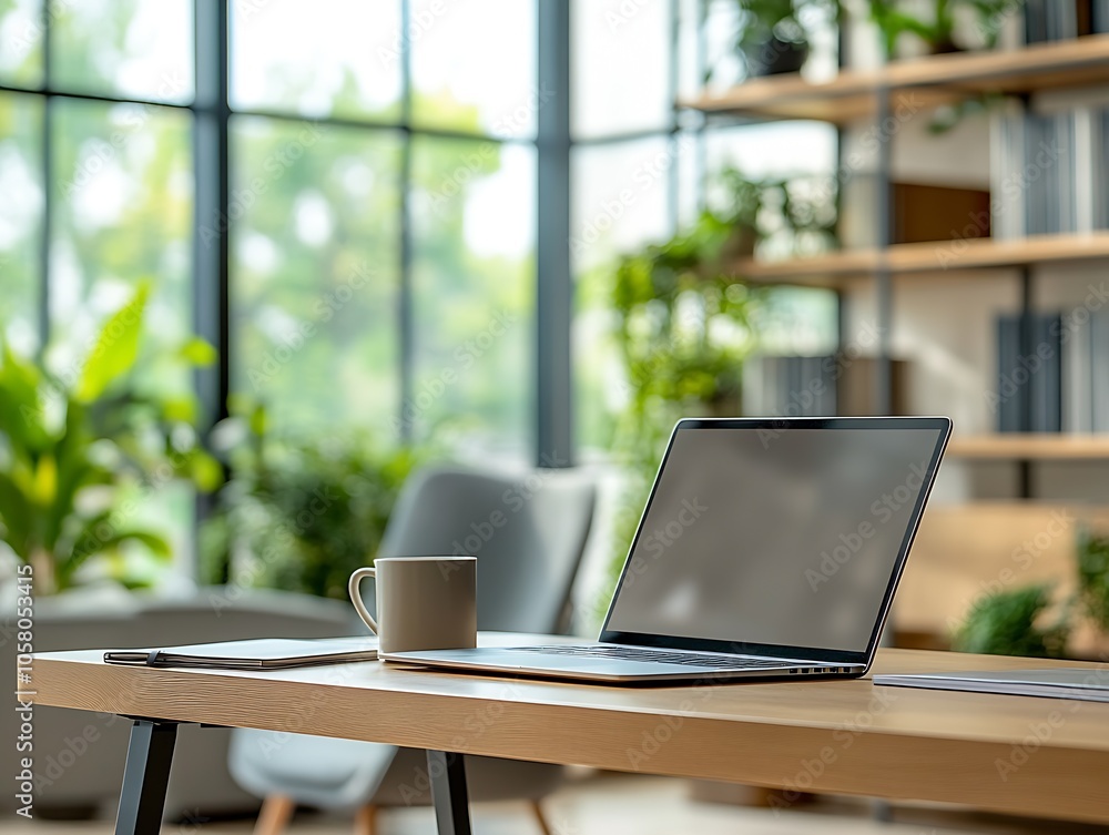 Poster serene and modern home office decor with laptop and greenery for a productive workspace environment 
