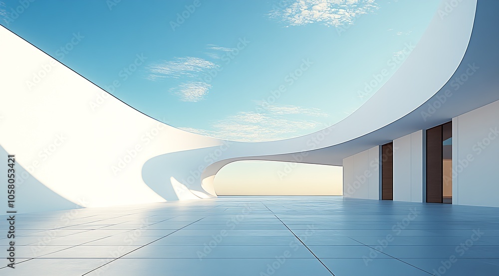 Aufkleber Innovative Minimal Architecture with Curved Surfaces and Expansive Sky View : Generative AI