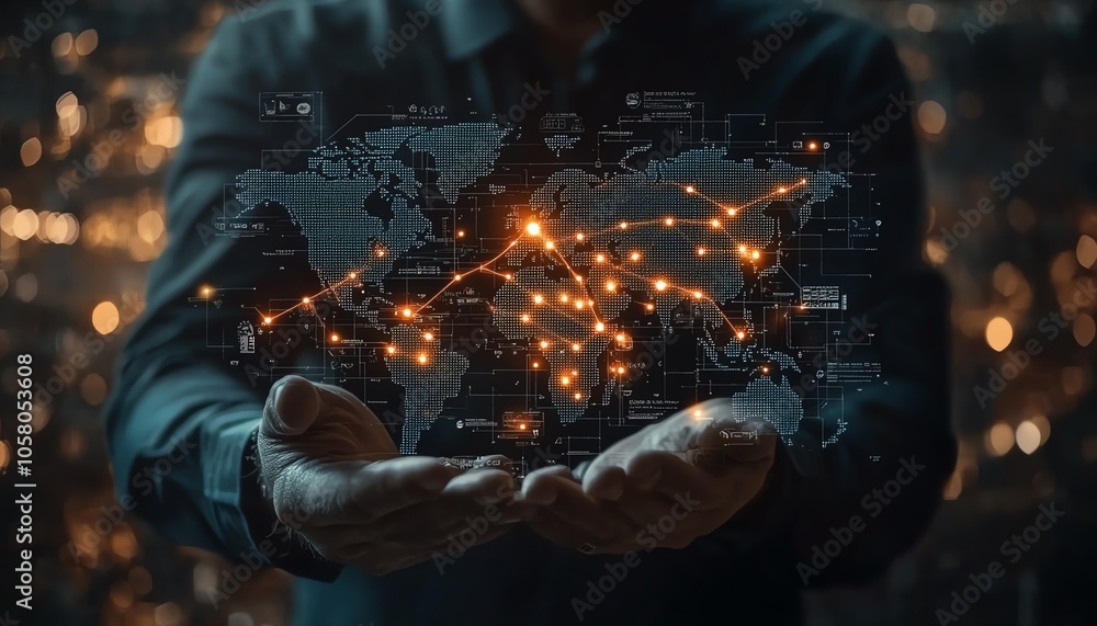 Poster modern representation of a businessman showcasing a social network connection with a world map and i