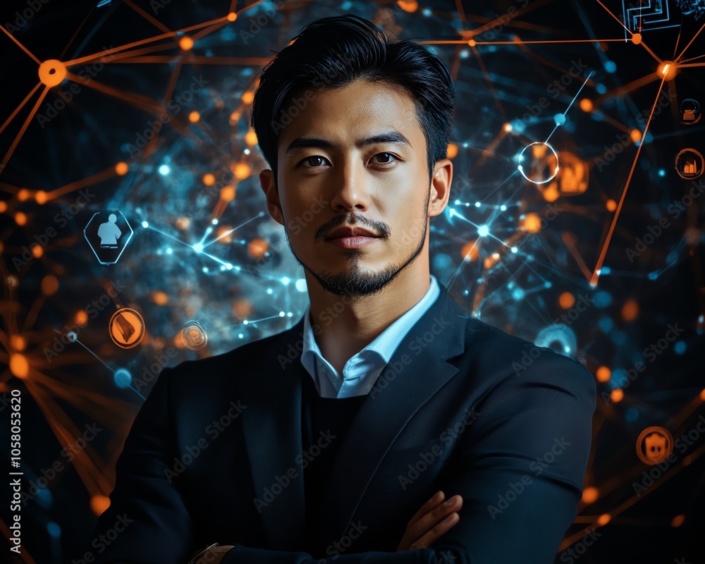 Poster modern representation of a businessman showcasing a social network connection with a world map and i