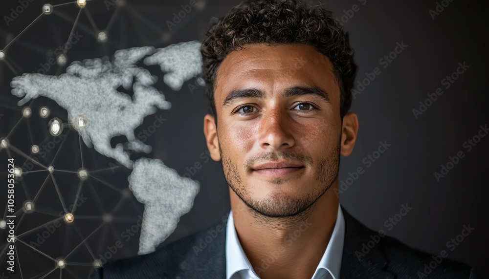Poster modern representation of a businessman showcasing a social network connection with a world map and i