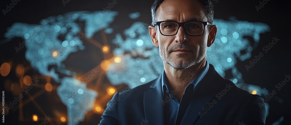 Poster modern representation of a businessman showcasing a social network connection with a world map and i