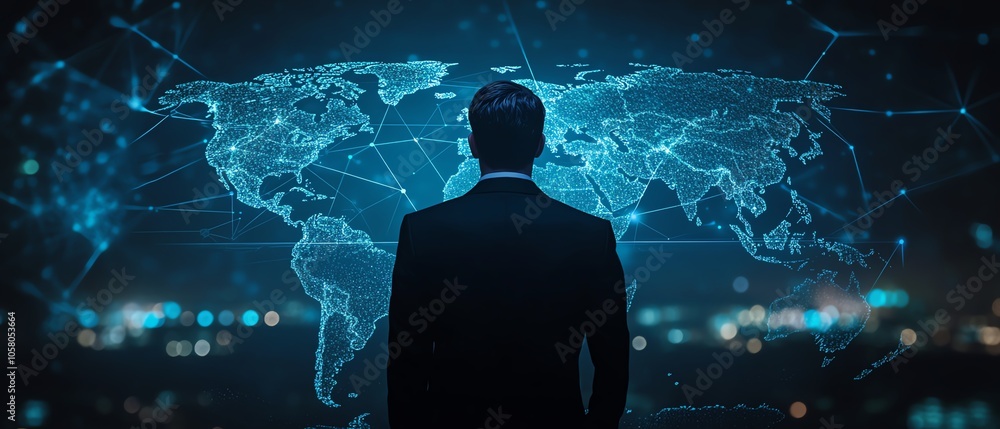 Poster modern representation of a businessman showcasing a social network connection with a world map and i