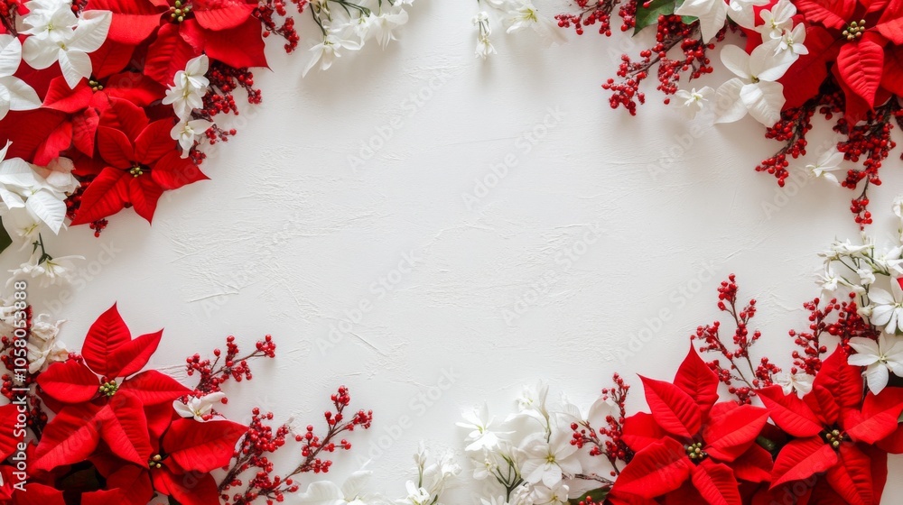 Aufkleber red poinsettia flowers and white flowers with red berries create a frame around a blank, white surfa