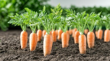 Fresh organic carrots growing in rich soil on a sunny farm day