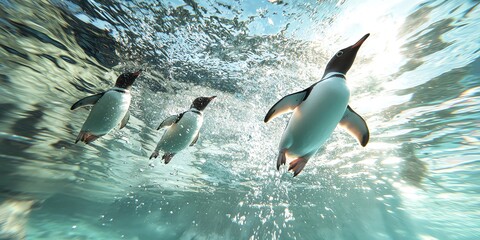 Obraz premium Penguins sliding on ice and diving for fish, Antarctic landscape, crystal clear water