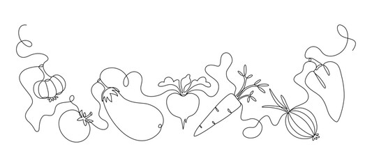 Vegetables drawn with one continuous line in minimalism, healthy eating concept, veganism, flat design. Editable vector outline.