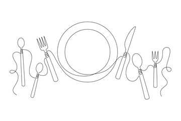 Cutlery and plate drawn with one continuous line in minimalism, flat design. Editable vector outline.