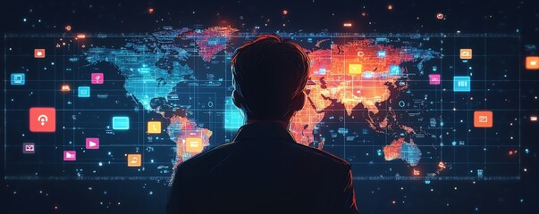 Fototapeta premium Professional illustration of a businessman displaying a map of global connections and social media icons, designed against a sleek dark background for a modern tech aesthetic
